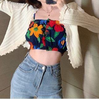 Floral Print Cropped Camisole Top / Lace Trim Cardigan