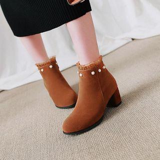 Lace Trim Faux Pearl Block Heel Ankle Boots