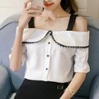 Buttoned Off Shoulder Elbow Sleeve Chiffon Top