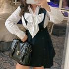 Long-sleeve Bow Blouse / Mini A-line Overall Dress