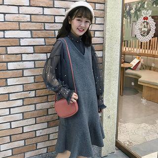 Set: Embellished Mesh Long-sleeve Top + Ruffle Hem Pinafore Dress