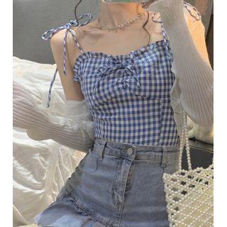 Plaid Ruffle Trim Camisole / Plain Knit Cardigan