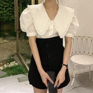 Puff-sleeve Ruffle Trim Blouse / Asymmetrical A-line Skirt