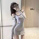 Long-sleeve Cutaway-shoulder Sheath Dress