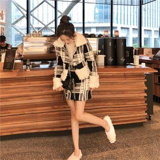 Plaid Fleece Woolen Zip Jacket / Woolen Mini Skirt