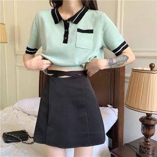 Short-sleeve Color-block Knit Top / Lace-up A-line Skirt