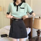 Short-sleeve Color-block Knit Top / Lace-up A-line Skirt