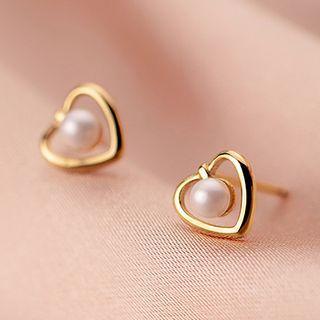 Faux Pearl Sterling Silver Heart Earring