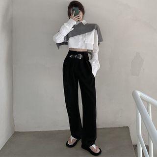 Asymmetric Shawl / Long-sleeve Crop Shirt / Wide-leg Dress Pants