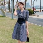 Short-sleeve V-neck Striped Shirt Dress