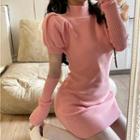 Set: Puff-sleeve Knit Mini Bodycon Dress + Arm Sleeves