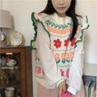 Long-sleeve T-shirt / Frill Trim Floral Jacquard Sweater Vest
