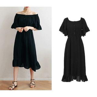 Plain Off-shoulder Ruffle Midi Dress