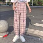 Heart Embroidered Plaid Harem Pants