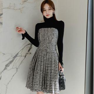 Set: Turtleneck Top + Plaid Tube Dress