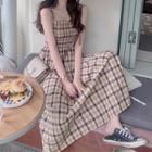 Smocked Sleeveless Check Maxi Dress Coffee Dress - One Size