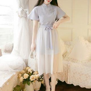 Set: Short-sleeve Mini Qipao + Mesh Midi A-line Skirt