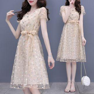 Short-sleeve Sheer Overlay A-line Midi Dress