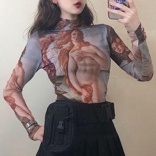 Long-sleeve Print Mesh Top Nude & Ash Blue - One Size
