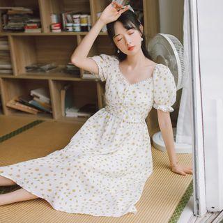 Floral Puff-sleeve V-neck Dress
