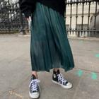 Pleat Midi A-line Skirt Dark Green - One Size