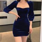 3/4-sleeve Square-neck Velvet Mini Dress