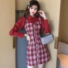 Mock Two-piece Long-sleeve Plaid A-line Dress As Shown In Figure - One Size