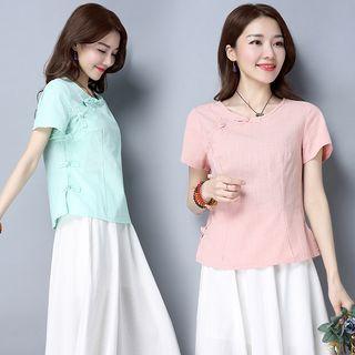 Plain Linen Cotton Short-sleeve Top