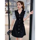 Dotted Panel Elbow-sleeve Mini A-line Shirtdress