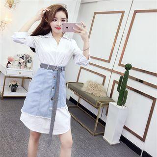 Set: Long-sleeve Shirtdress + Slit Denim Skirt