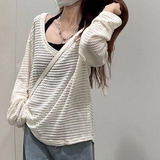 Long-sleeve Scoop Neck Mesh Knit Top