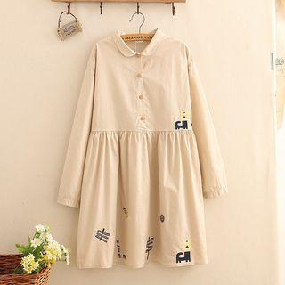 Lion Embroidered Lapel Long-sleeve Dress As Shown In Figure - One Size