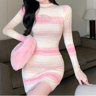Striped Cut-out Knit Mini Sheath Dress Pink & White - One Size