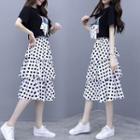 Set: Short-sleeve Printed Bow-accent Top + Dotted Midi Layered Skirt