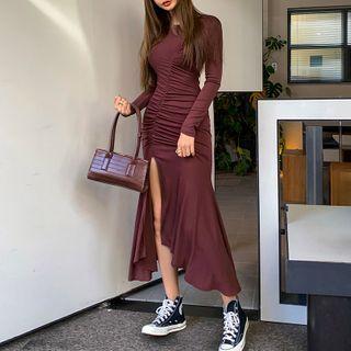 Slit-hem Shirred Maxi Mermaid Dress