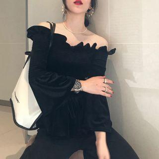 Velvet Off-shoulder Bell-sleeve Top Black - One Size