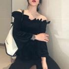 Velvet Off-shoulder Bell-sleeve Top Black - One Size