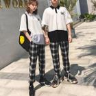 Couple Matching Elbow-sleeve Cat Print Polo Shirt / Plaid Pants