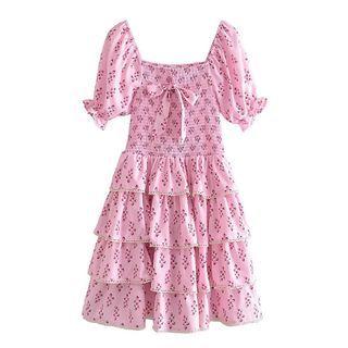 Short-sleeve Floral Tiered Mini A-line Dress
