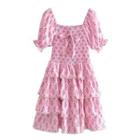 Short-sleeve Floral Tiered Mini A-line Dress