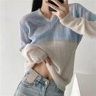 Long Sleeve V-neck Color-block Loose-fit Sweater Blue - One Size