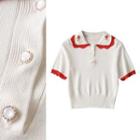 Elbow-sleeve Polo-neck Embroidered Knit Top