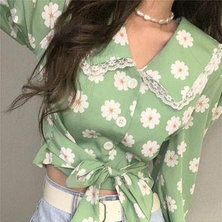 Floral Print Lace Trim Tie-front Blouse