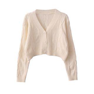 V-neck Plain Button-up Knit Cardigan Almond - One Size