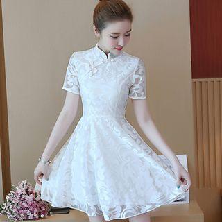 Short-sleeve Mandarin Collar A-line Mini Dress
