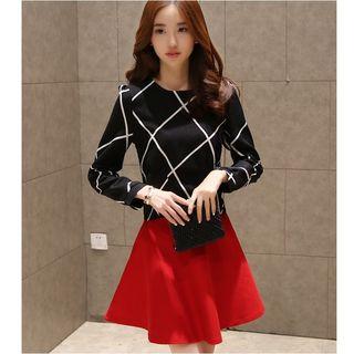 Set: Check Long-sleeve Top + A-line Skirt