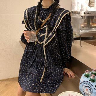 Long-sleeve Lace Trim Floral Mini Dress