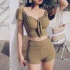 Set: Short-sleeve Lace-up Swim Top + Swim Shorts + Leaf Print Wide Leg Pants