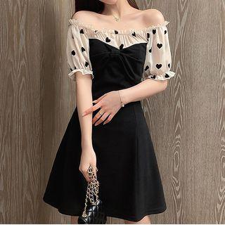 Heart Print Panel Short-sleeve Mini A-line Dress