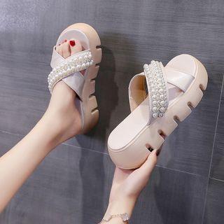 Faux Pearl Crisscross Platform Flat Slide Sandals